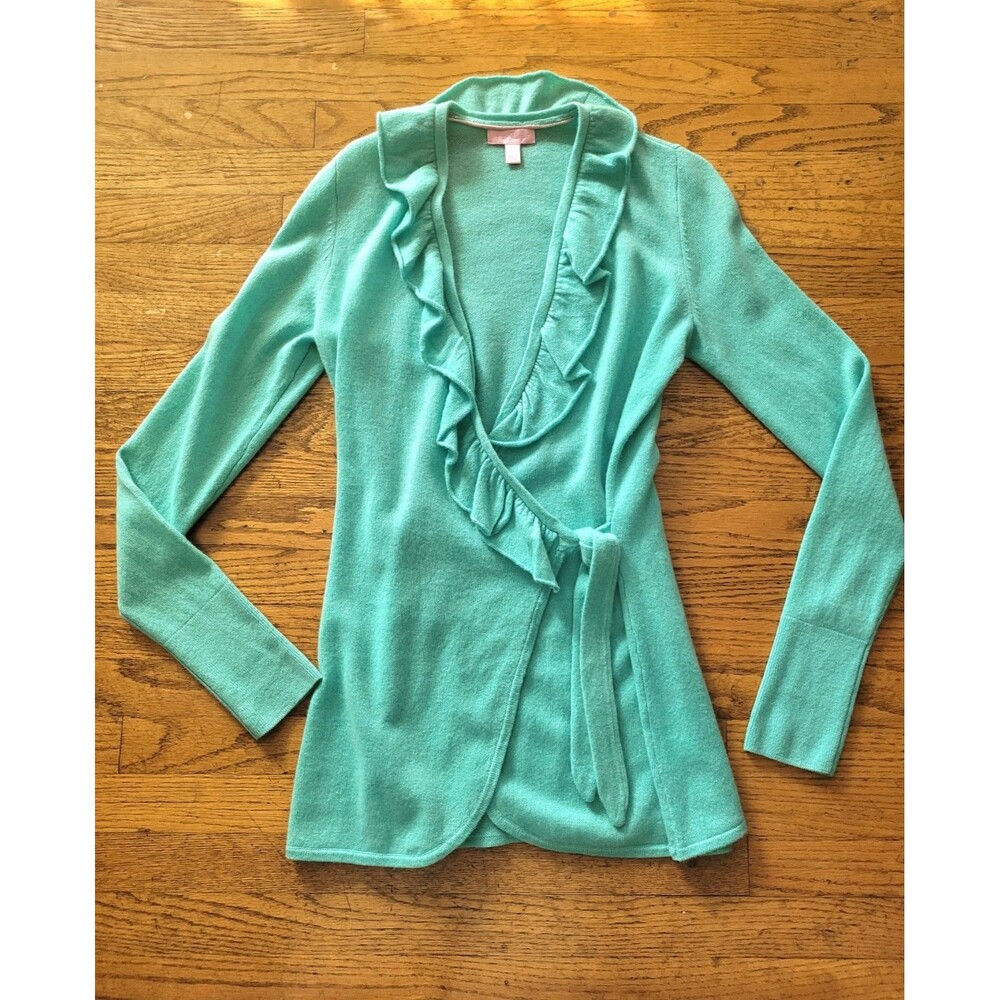 Lilly Pulitzer Cashmere Aqua Blue Knit Sweater Ruffle Wrap Cardigan Size Small